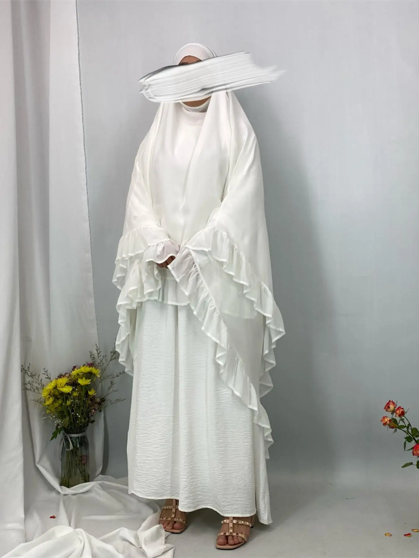 Women's Solid Ruffle Hem Chiffon Khimar, Modest Fashion Long Hijab for Daily Wear, Women's Islamic Clothing for All Seasons