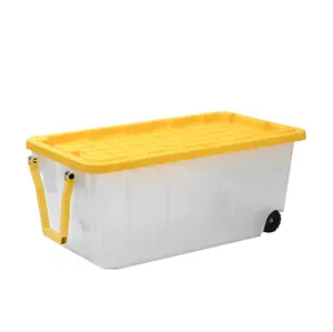 Clear Rolling Storage Tote, 40 Gallon Heavy Duty Stackable Bin with Snap Lid, For Visible Organization, Garage & Moving Storage, Wheeled Storage Container