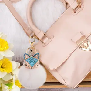 Multi-Colored Sapphire, Cubic Zirconia And Pearl Super Cute Fox Head Faux Fur Puffy Pom Pom Keychain