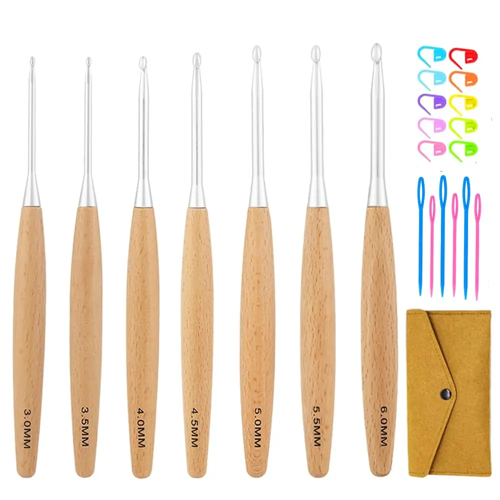 7 Pcs Ergonomic Crochet Hooks Set with Wooden Handles,Complete Crochet Kit for Beginners with Stitch Markers & Needles,Comfortable Knitting Loom Craft Tools,Halloween Christmas Party Fathersdaygift