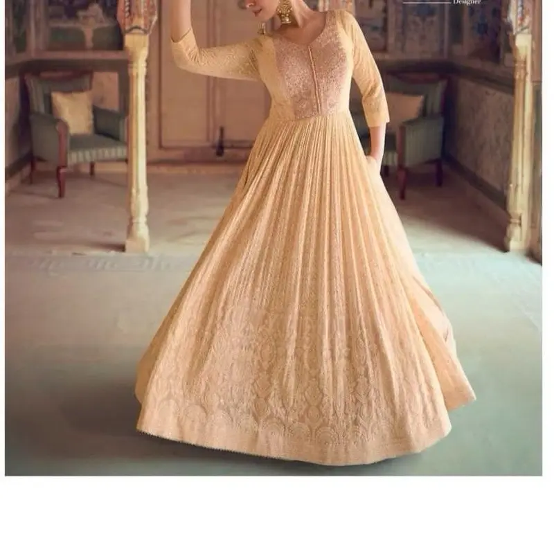Women Designer Gown Beige Color Wedding Formal Wear Indian Clothing with Elegant Embroidery and Half Sleeves