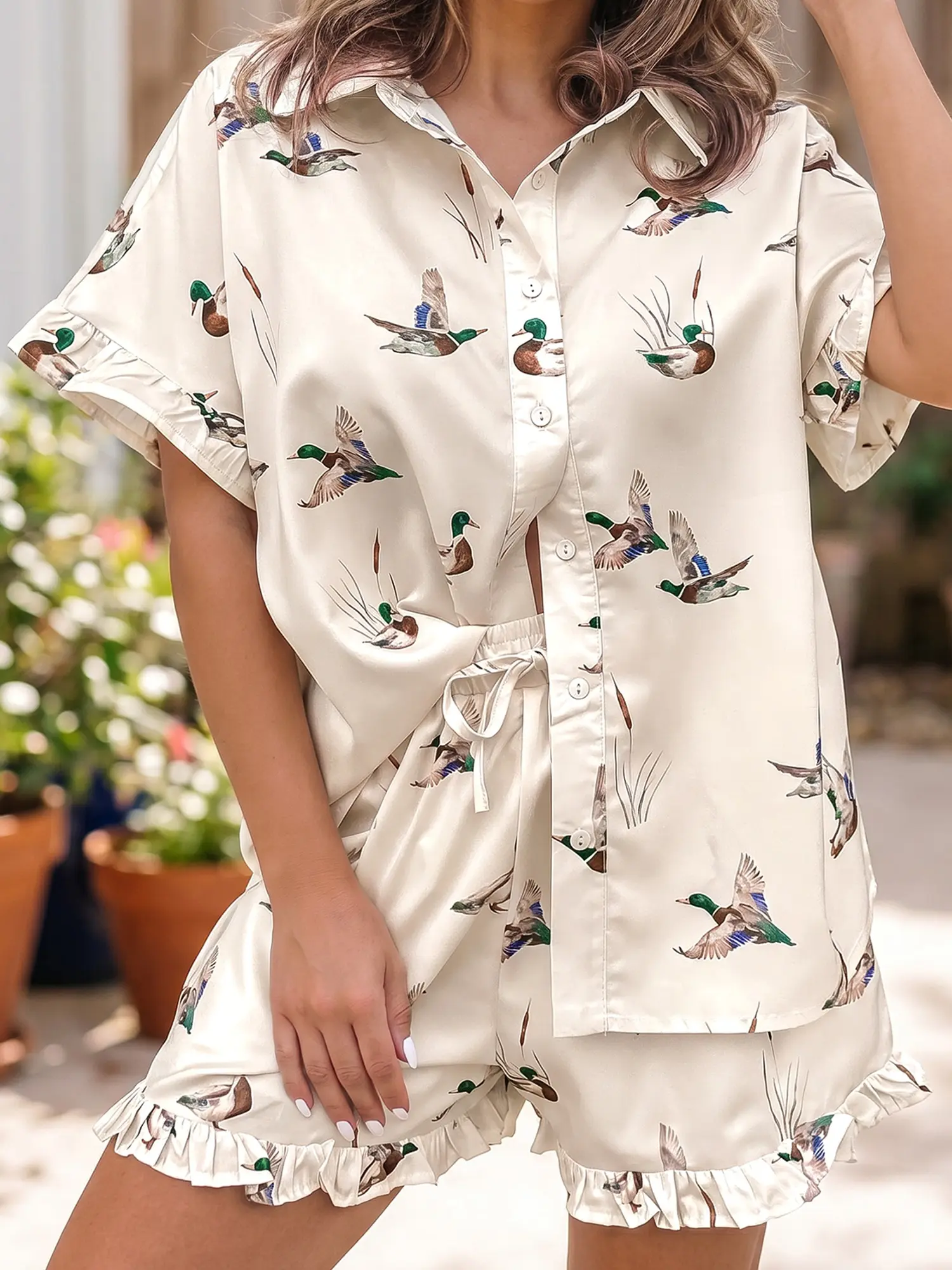 Casual Beige Mallard Duck Print Shirt Style Short Two Piece Set Women Fashion Comfortable Daily Wear Outfit Travel Resort Wear Breathable Chic Matching Set