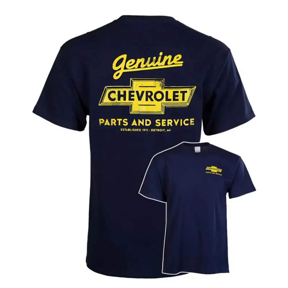 Genuine Chevrolet Parts & Service T-Shirt, Retro Yellow Bowtie Logo Graphic, Vintage Chevy Garage Shirt for Mechanics & Classic Car Fans, Gift for GM Collectors or American Auto Lovers