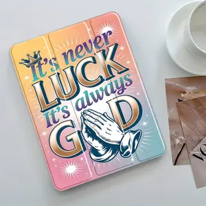 Religious Inspirational "It's Never Luck It's Always God" Tablet Case, 3-Tier Stand Transparent Acrylic Hard Back with Pencil Slot, Auto Wake/Sleep Shockproof Full Cover, Fits 7.9/8.3/10.2/10.5/10.9/11/12.9/13 Inch Tablets, Durable Case for Christian