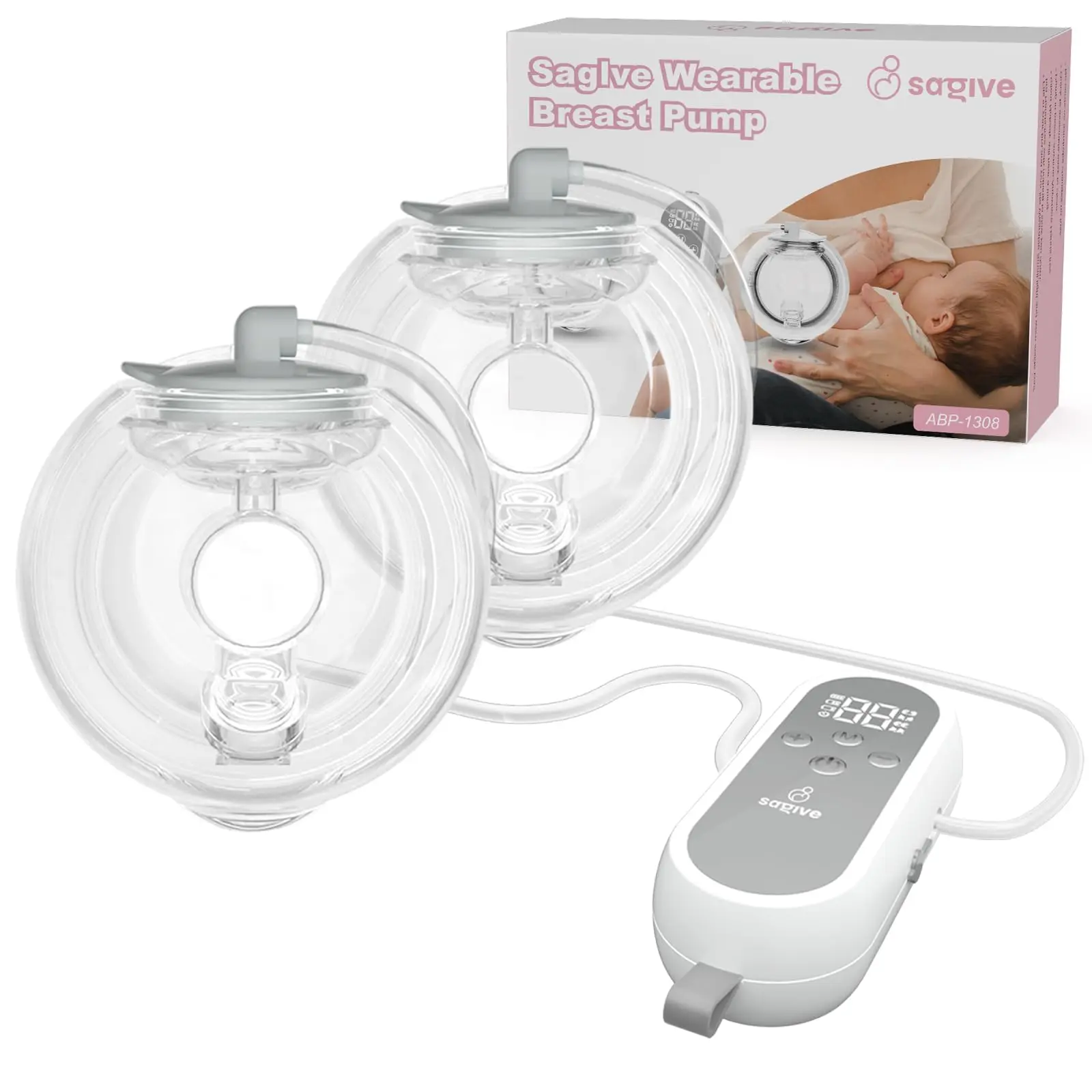 Saglve 08 Wearable Breast Pump, Hands-Free Rechargeable Electric Pump with LED Display, Silent & Leak-Proof Design, Includes 3 BPA-Free Silicone Breast Shields (21, 24, 27mm), Rechargeable Pump Breast Shields