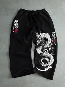 Men's Casual Sport Pants, Tokyo Dragon Graphic Print, Drawstring Wide Leg, Loose-Fitting, All Seasons Wear, Men's Fashion Long Pants, Drawstring Waist Athleisure, Casual Sports Pants