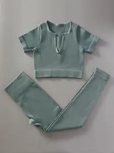 Two-piece Set Women's Solid Ribbed Notched Neck Crop Tee & High Waist Leggings Tracksuit Set, Sporty Casual Breathable Outfits, Gym Casual Wear, Sweatsuit Sets