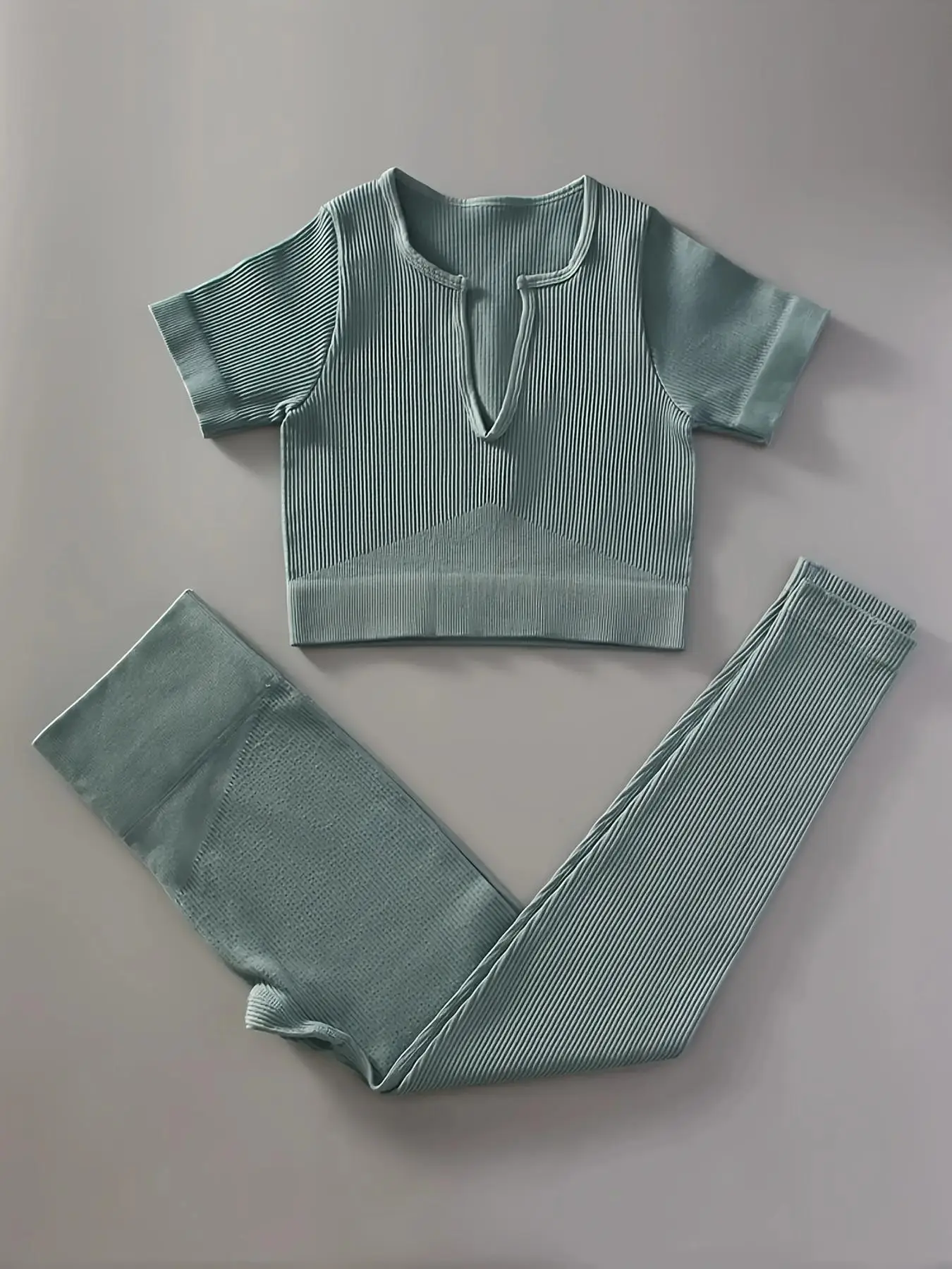 Two-piece Set Women's Solid Ribbed Notched Neck Crop Tee & High Waist Leggings Tracksuit Set, Sporty Casual Breathable Minimalistic Outfits, Two Piece