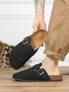 Three-color cork shock-absorbing flat sole, Japanese-style casual metal buckle, breathable hollow design, spring and summer suede upper, commuting and outdoor wearing mule shoes