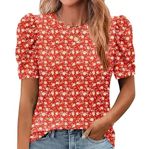 ZEAGOO Womens Blouses Dressy Casual Spring Floral Print Crewneck Smocked Puff Short Sleeve Shirts Springtok