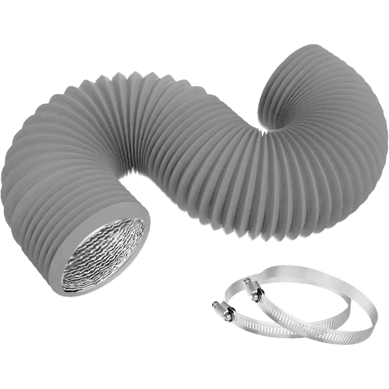 4 Inch 8FT Dryer Vent Hose,Flexible Insulated Air Ducting,Vent Hose PVC Aluminum Foil with 2 Clamps for HVAC Ventilation(Grey)