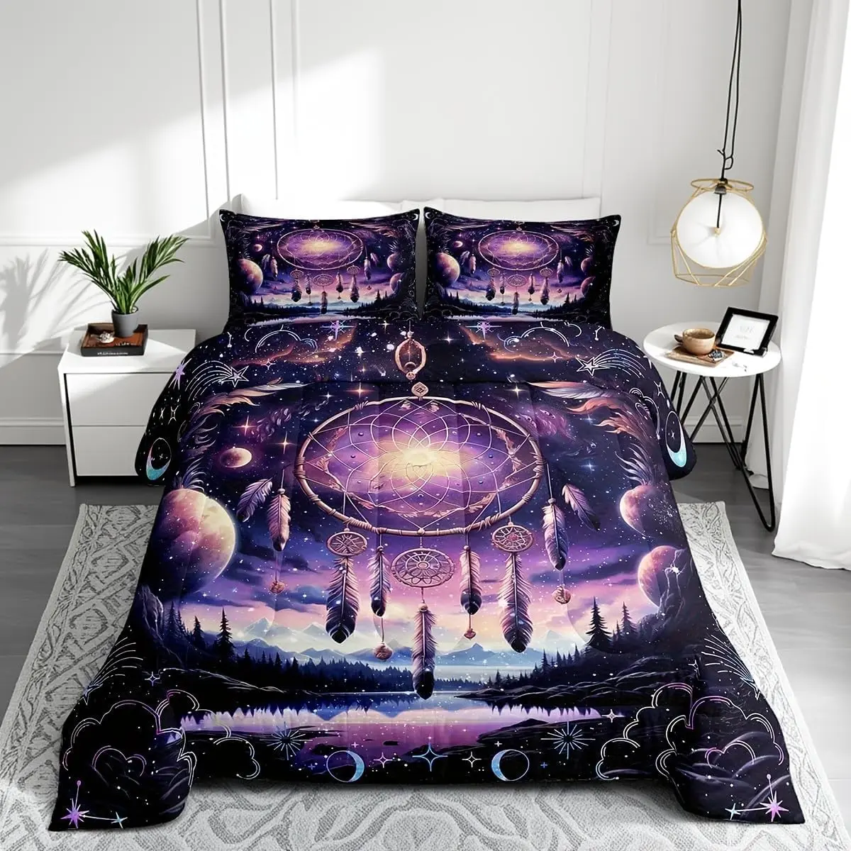 Dream Catcher Comforter Set,Purple Boho Dream Catcher Quilt Set Soft Bed Collection,Galaxy Bohemian Feather Print Bedding Comforter Room Decor