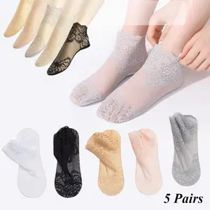 grip socks 5 Pairs Women's Lace Boat Socks, Transparent Lace Socks, Soft and Comfortable, Light and Breathable, Short Boat Socks, Women's Fishnet Ankle Socks, Lace Design, Suitable for Daily Wear grip socks for soccer