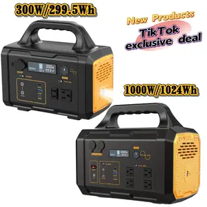300W/299.5Wh, 1000W/1024Wh portable power station, solar generator (excluding solar panels), equipped with AC socket/2 DC ports/3 USB ports backup battery/power supply, suitable for outdoor travel camping emergency survival equipment travel hunting Portab