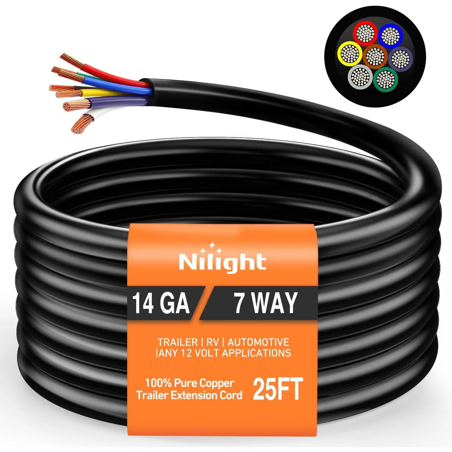 Nilight 25 Feet 7 Way Trailer Extension Cable Traditional SAE 14 Gauge 7 Conductor 100% Pure Copper Insulated Heavy Duty Wire Weatherproof for 7 Pin Blade RV Automotive, Easy Install