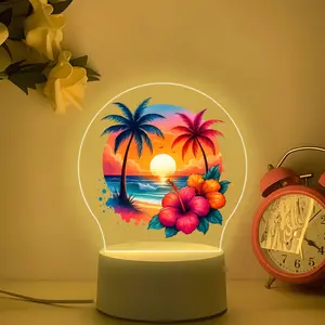 Tropical Beach Sunset Acrylic Night Light, Gradient Sunset, Coconut Tree, Hibiscus Design, Warm Soft Glow, Island Romance Decor