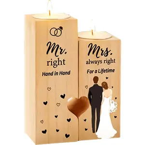 Pair of Wooden  Holders, Wedding Gift Set – Unlit  Holder with "Mr & Mrs" Design and Hand-in-Hand Heart Pattern, Ideal for Bridal Shower, Engagement or New Couple Gifts ( Not Included) unique collectible organizer candle rotary Style natural cake box