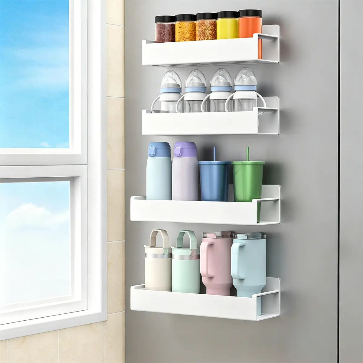4 Pack Magnetic Water Bottle Holder for Refrigerator - Fridge Organizer for Stanley Cups & Tumblers, Kitchen Cup Storage Rack, Space Saving Drinkware Organizer, White
