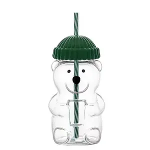 Bear Shaped Glass Cup, Cute Animal Drinking Tumbler for Cold & Hot Beverages - Reusable Drinkware Glassware for Home, Office or Coffee Shop, Ideal Gift for Adults Who Love Unique