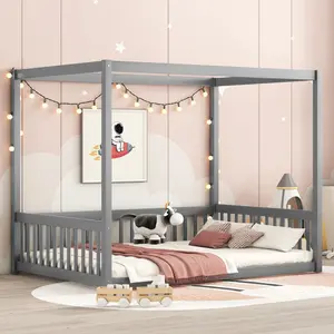 [Bellemave]TwinSize Canopy Frame Floor Bed with Fence, Guardrails