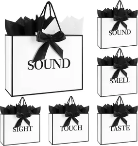 5 Senses Paper Gift Bags (12.6x8.7x4 in, White Black) - Office Wrapping Supplies with Labels, Handles, Ribbon, Tissue Paper - for Birthday, Christmas