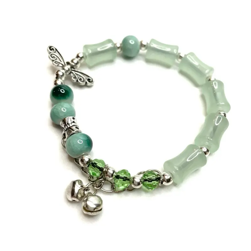 Dragonfly Bracelet Sea Blue Silver Bells Beaded Stretchy Elastic Boho Glass Charm