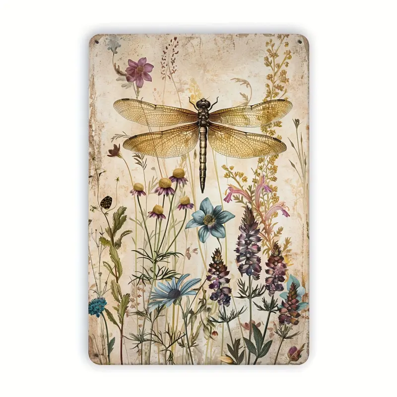 1PC 2D Retro Dragonfly and Floral Metal Wall Plaque, Size 20.32x30.48cm - Rustic, Artistic Iron Art Decoration, Suitable for Garden, Coffee Shop, Indoor/Outdoor Home and Restaurant, Dragonfly Decoration, Aesthetic Wall Decor