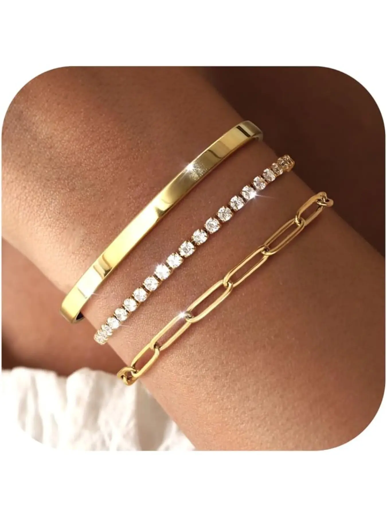 3Pcs Gold Bracelet for Women Stainless Steel 14K Gold Plated Cuban Figaro Herringbone Link Chain Bracelets Tennis Bracelet Adjustable Gold Bangle Cuff Bracelet Stacking Bracelet Set High Quality Bracelet Stackable Bracelet Gold Plated Bangles