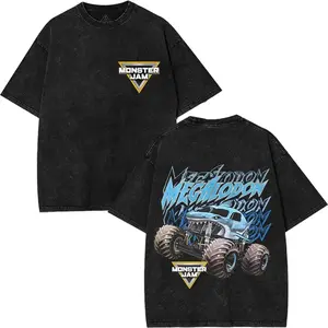 Casual Black Washed Monster Jam Megalodon Shark Monster Truck Off‑Road Racing Graphic T Shirt Bold Front Pocket Monster Jam Triangle Logo Oversized Short Sleeve Crewneck Cotton Tee Streetwear Top for Men Women and Extreme Motorsports Fans