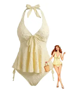 Cream Yellow 1950s Textured Floral Halter Deep V Tankini Set