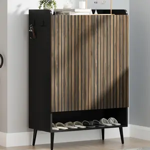 Shoe Cabinet with Adjustable Shelves and Doors, Large Shoe Organizer with 6 Tiers & Built-in Hooks, Modern Handleless Hallway Entryway Storage Cabinet for Living Room