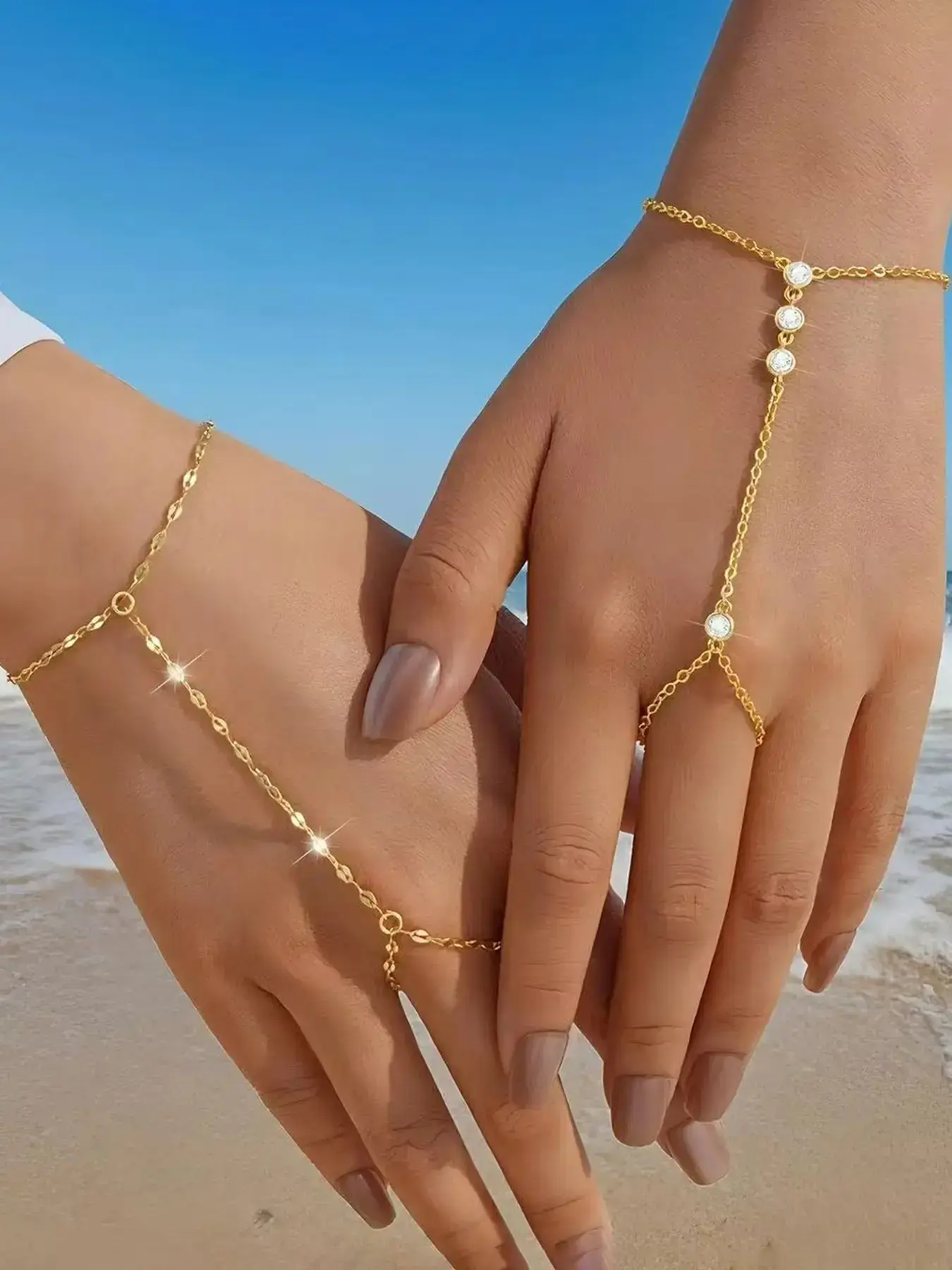 Gold Hand Chain Bracelets for Women, 2 Pcs Gold Plated Cubic Zirconia Link Chain Stackable Bracelet Set, fashionable bracelet, Trendy ring bracelet hand chain Jewelry for Her, Fashionable Jewelry Accessories