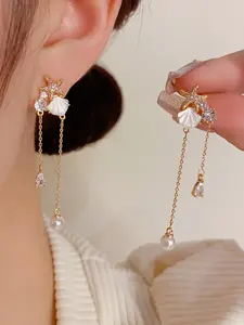 Korean Style Fashion Sweet Versatile Star Shell Zircon Tassel Earrings, Unique Luxurious Design Earings for Women, Elegant Jewelry, Ear Studs