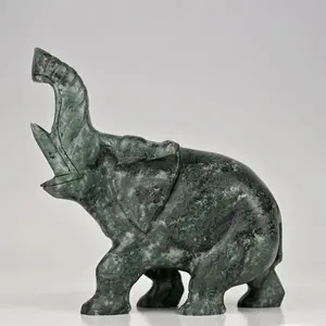 Hand- Carved Spinach Jade Elephant Statue - Feng Shui Symbol of Strength, Luck, and Prosperity