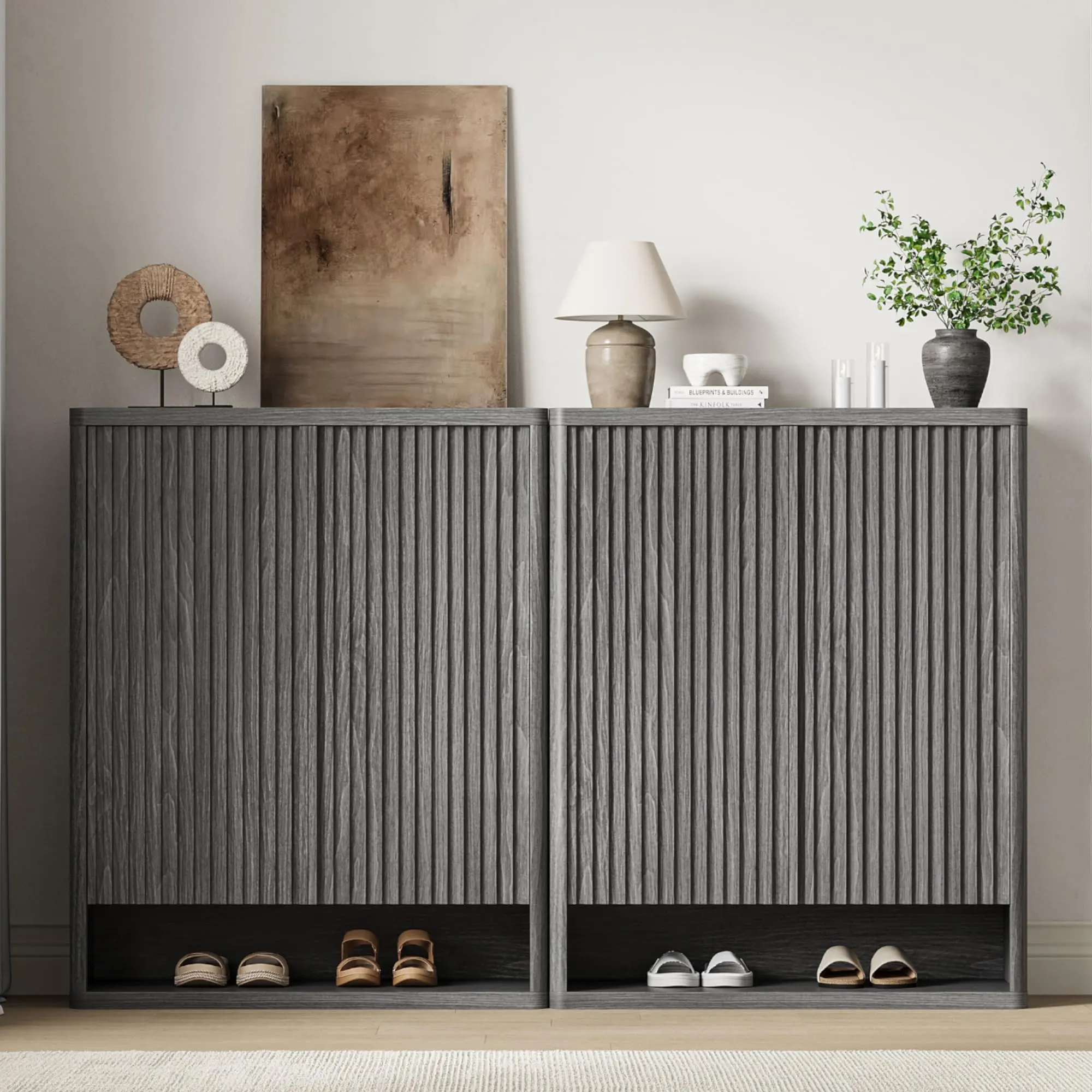 Space-Saving Narrow Entryway Shoe Cabinet, Modern Wooden Storage Unit with Fluted Panel Door, Multi-Layer Adjustable Shelves Hold Up To 60 Pairs Shoes for Indoor Use - SummerVibes