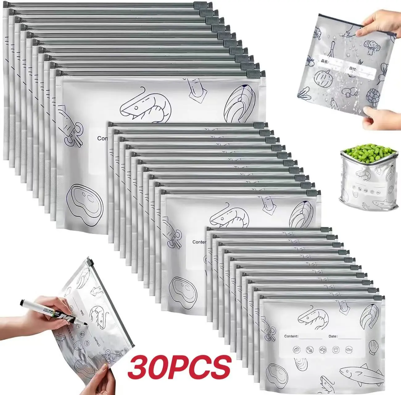 [Refrigeration and Preservation] Reusable and sealable aluminum foil storage bags, vacuum zipper bags are used for food, and upright aluminum foil sealable bags with labels and zipper locks are used for vegetables, fruits and meats.