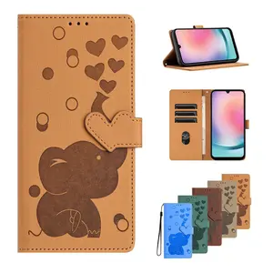 Cute Elephant Pattern Phone Case with Card Slot & Lanyard, PU Leather Phone Cases for iPhone 11 12 13 14 15 Pro Max, Cover