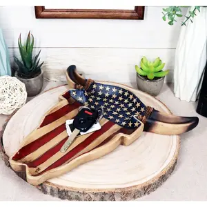 Large Western Rustic Patriotic US Stars Stripes Flag Cow Skull Jewelry Dish Tray