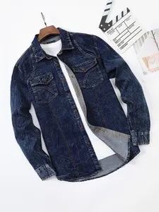 Men’s long-sleeve denim shirt — new fashion trend; casual and versatile, premium feel; two pockets; deep blue tie-dye design