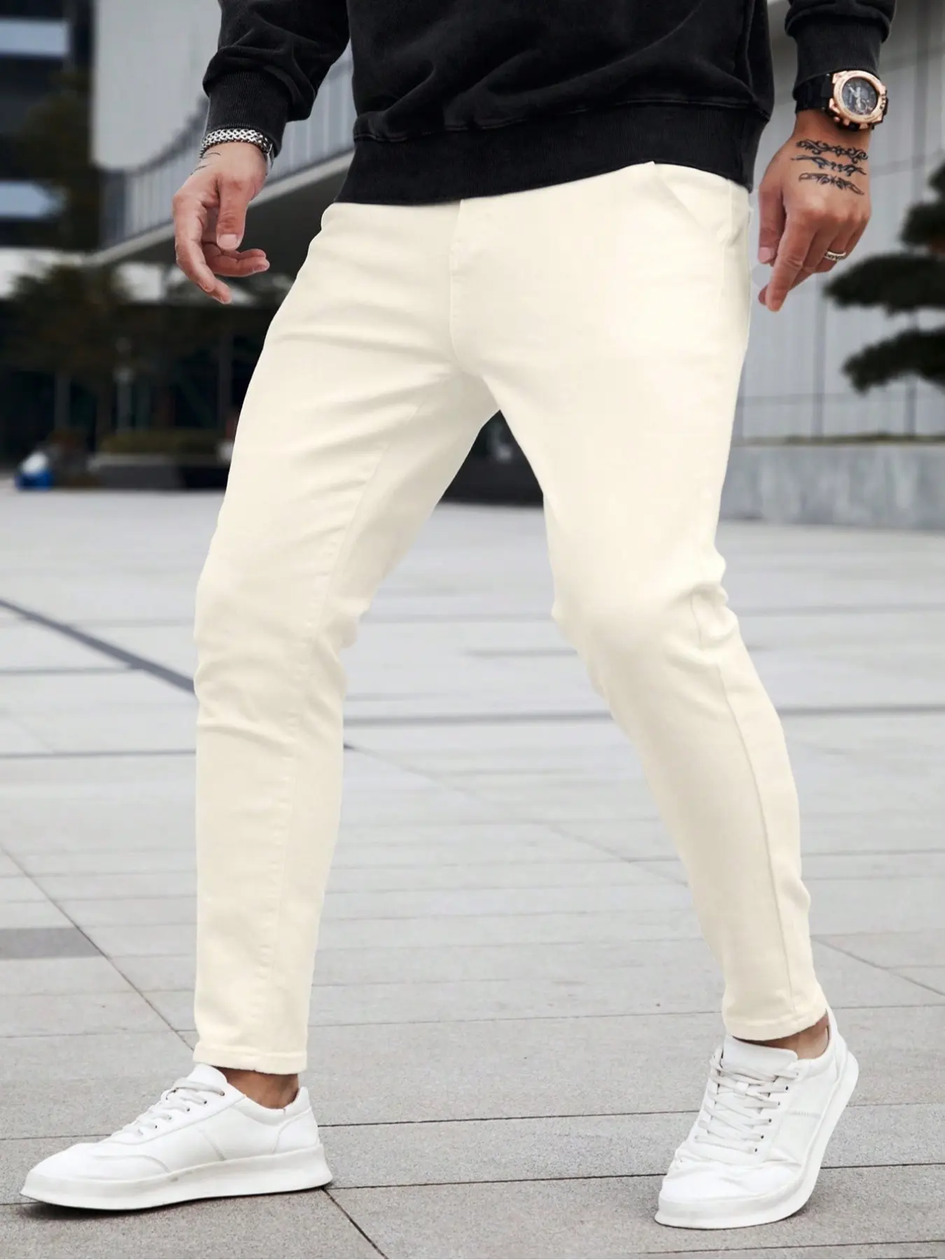 Men's Cream-colored Slim-fit Plain Denim Pants Fashion Casual Jeans Button Fly Closure, neat fit brimming with freshness, easily matching casual, commuting, Streetwear and other styles, Menswear