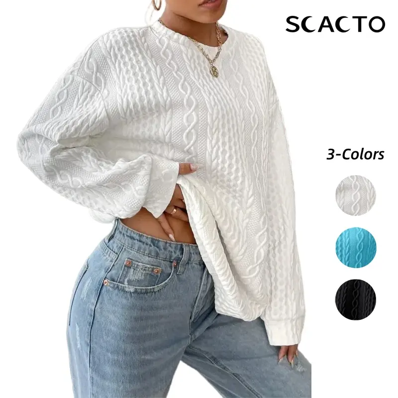 SCACTO Women's Cable Knit Oversized Sweater - White Textured Pullover with Ribbed Details, Casual Boho Chic Top Crewneck Fabric