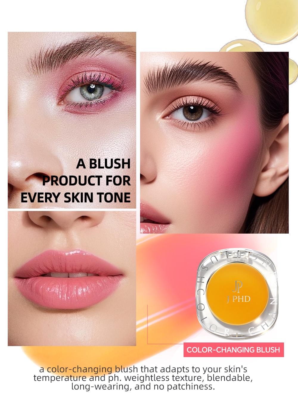 J-PHD Color-changing blush, a magical color-changing powder blush cream that can be used on cheeks, eyes, and lips. It provides long-lasting hydration, brightens skin tone, and has a high-shine yellow cream texture.