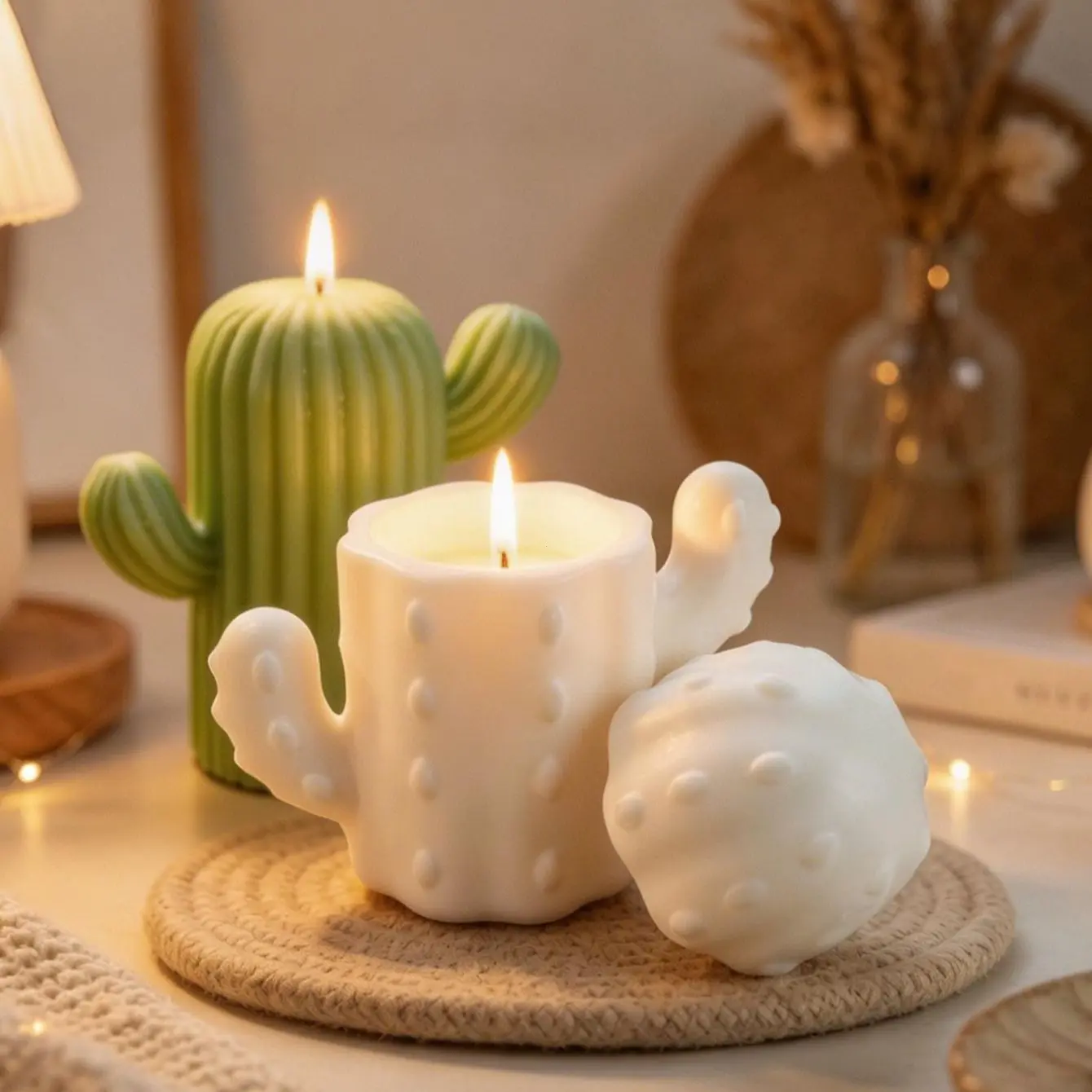 2pcs Neutral Simple Reusable Cactus Gypsum Soy Wax Aromatherapy Scented Candles, 15-Hour Burn Time, Room Decor Home Supplies, Gift Idea Decorative Candles