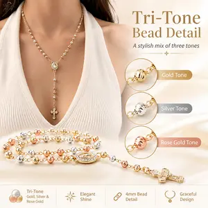 Rosary Cross Necklace Gold Silver Rose Sparkling Elegant Lightweight Comfortable Versatile Feminine Summer Gift for Women Girls Daily Wear Special Occasion Perfect Accessory
