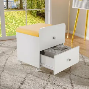 Modern Vanity Stool Makeup Chair with Storage – 17.32″L × 15.16″W × 17.32″H PU Ottoman with Lockable Wheels & Storage Drawer