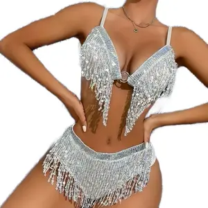 Sexy Sequin Tassel Lingerie Set for Women, Matching Bra and Panty Underwear - Everyday, Comfortable