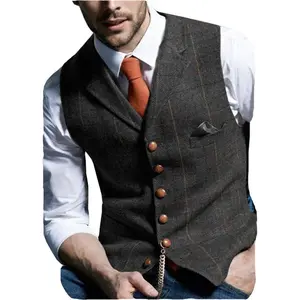 Men's Vintage Herringbone Tweed Vest - Classic Formal & Casual Sleeveless Waistcoat