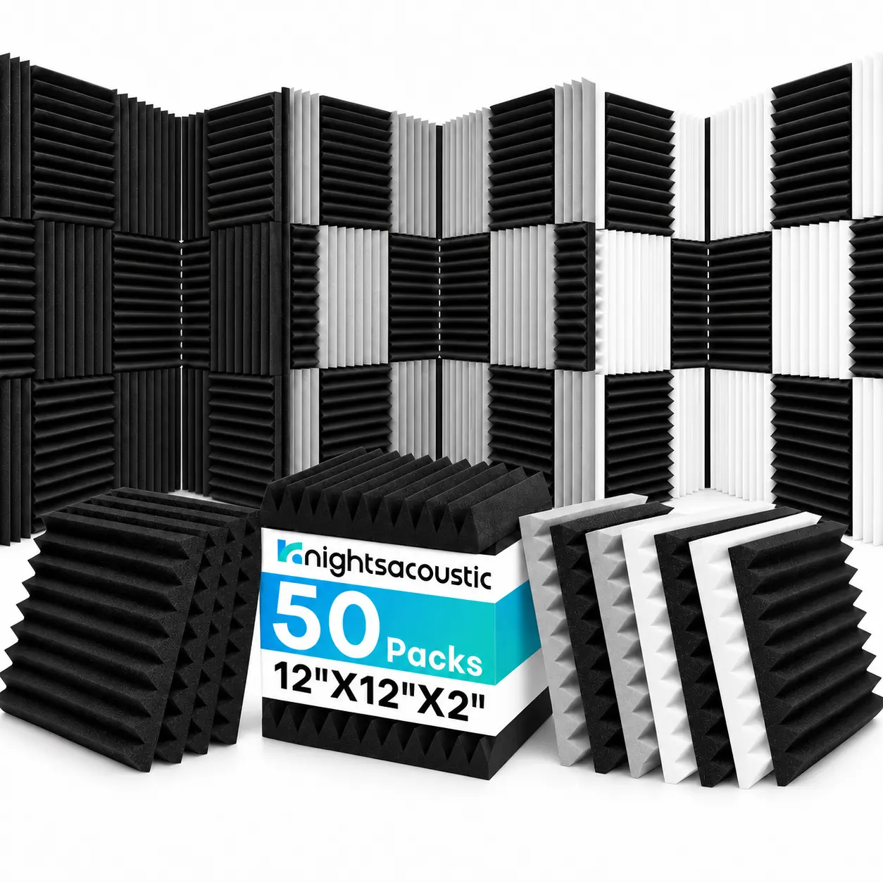 50 Pack Sound Proof Foam Panels for Walls, 2 X 12 X 12 Inches Acoustic Foam Panels, High Density Acoustic Panels Sound Absorbing, Noise Reduction Studio Wedges, Black&Grey (NOT INCLUDE ADHESIVE),Easy Installation, Fast Water Revive, for Game Room, Studios