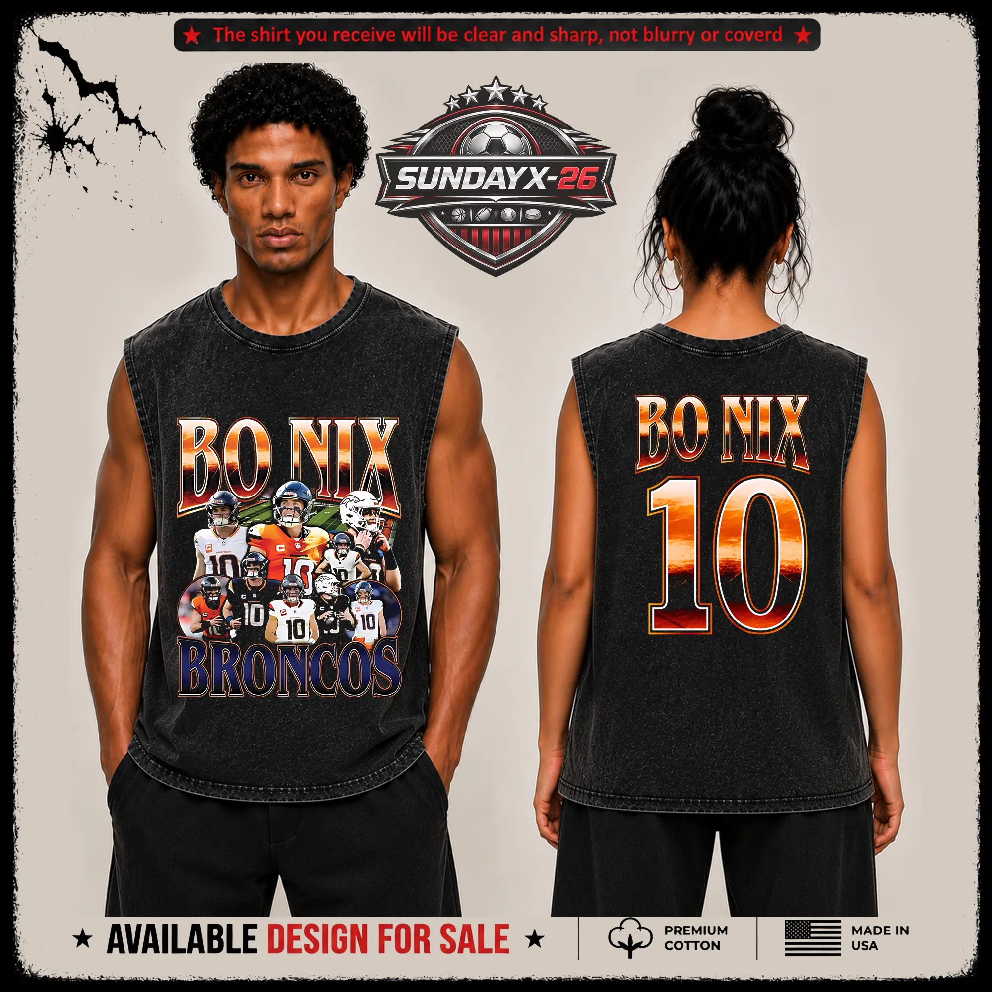 [X-26] Bo Nix 10 Graphic Premium Acid Washed Tank-Top (Made in US), Broncos Football Fans Fits High Quality 100% Cotton Sleeveless Shirt, Broncos Country Outfit, Gift for Football Fans, Boyfriend