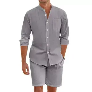 Men’s Casual Linen Set - Loose Fit, Breathable Shirt & Shorts - Ideal for Home, Walking, Outdoor - Multiple Colors - Excellent Gift -  Options - Men’s Apparel - Beige Long Sleeve - Formal, Clothes